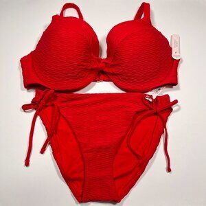 Victoria Secret 40D L TWIST FRONT Push Up Bikini Top Bottom Set Textured Red